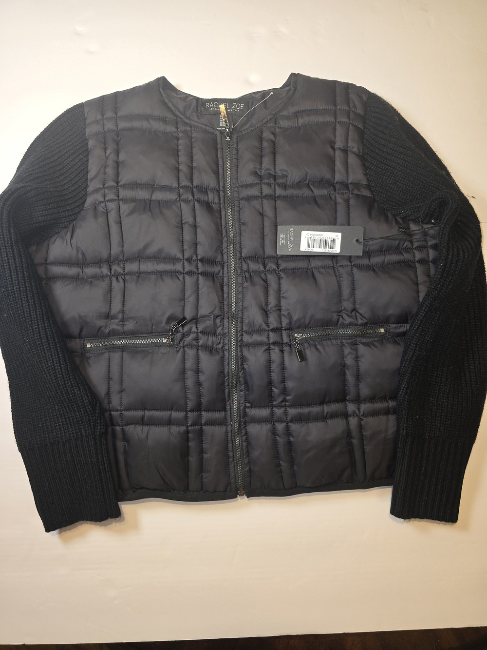 Rachel Zoe Black Quilted Front Knit Sleeve Jacket